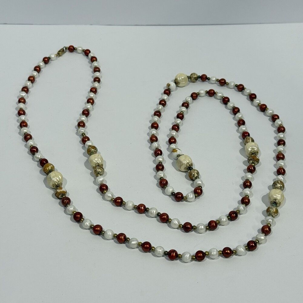 Vintage CORO Signed Faux Pearl Beaded Long Layering Necklace Cream Brown Gold - Picture 15 of 16